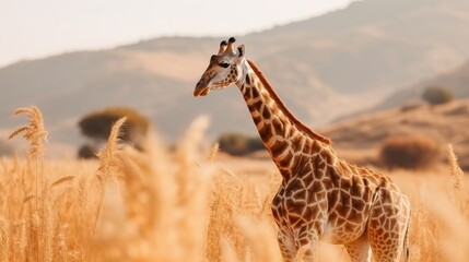 ..title. beautiful giraffe standing in the savannahs picturesque wildlife landscape,. - obrazy, fototapety, plakaty