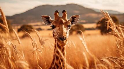 Giraffe standing on african savannah, wilderness nature reserve, wild animal in natural habitat - obrazy, fototapety, plakaty