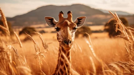 Fotobehang Giraffe standing on african savannah, wilderness nature reserve, wild animal in natural habitat © Ksenia Belyaeva