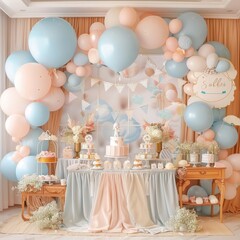 Soft pastel balloon décor graces an elegant dessert table arrangement for an exquisite baby shower setting