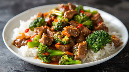 Savory beef and broccoli stir-fry on rice