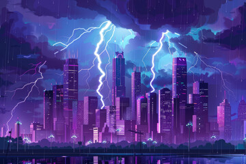 Fototapeta premium A city skyline at night with lightning bolts striking the tallest buildings