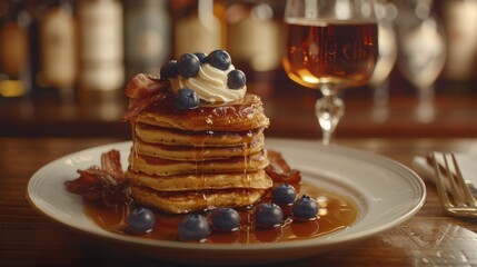 a stack of pancakes with syrup and blueberries on a plate with a fork and glass of wine in the background.