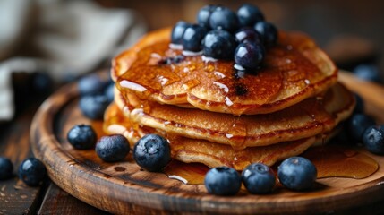 a close up of a plate of pancakes with blueberries on top of it and a plate of pancakes with blueberries on the side.