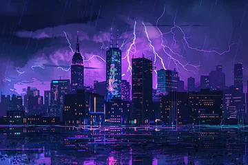 Foto op Canvas A city skyline at night with lightning bolts striking the tallest buildings © mila103