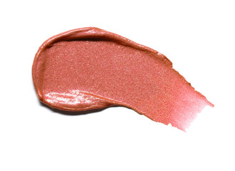 Coral shimmering lipstick texture stroke isolated on white background. Cosmetic product swatch