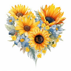 Naklejka premium Sunflower and blue fower watercolor bouquet on white background