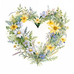 Springtime watercolor heart wreath illustration on white background with blue flowers