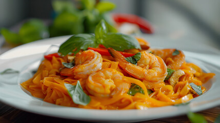 Spicy shrimp pasta on elegant white plate