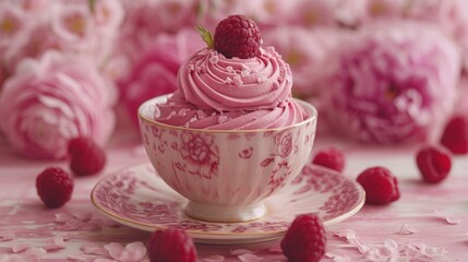 a pink cupcake on a saucer with raspberries on a saucer and flowers in the background.