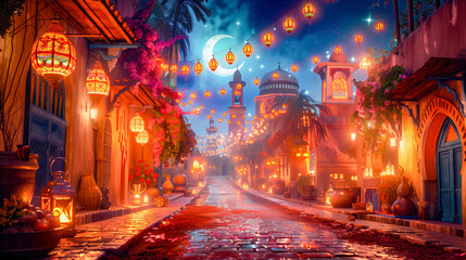 El ramadán a todo color, como festividad importante en la religión musulmana, calle alumbrada con linternas y decorada con luna hermosa y mezquita al final del camino.