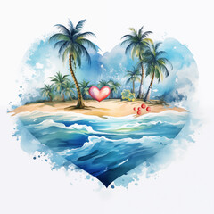 Tropical paradise heart illustration, watercolor palm trees on white background