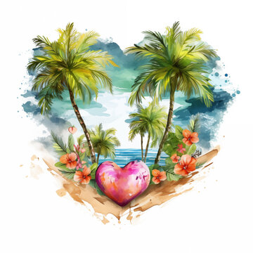 Tropical beach scene with heart watercolor illustration on white background