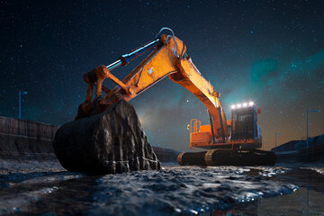 Nighttime Operation of Hydraulic Excavator at Industrial Quarry