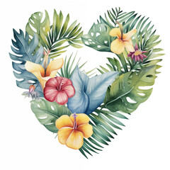 Tropical love watercolor heart illustration with exotic flowers on white background