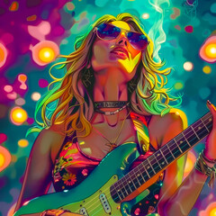 Bella, guitarrista, rubia, muy colorida, diseño pop muy iluminada tocando en un escenario la guitarra. - obrazy, fototapety, plakaty