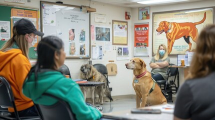 An educational workshop for pet owners on responsible pet care, with a veterinarian demonstrating proper nutrition and exercise.