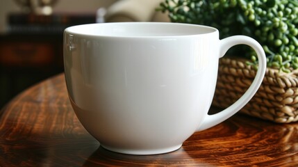 a white coffee cup sitting on top of a wooden table next to a basket of green beans on top of a wooden table.