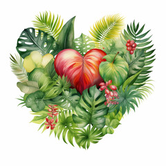Watercolor lush foliage heart on white background illustration
