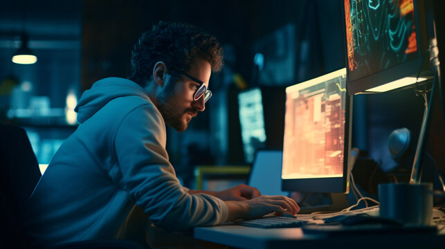Side view of concentrated man in eyeglasses using computer at night