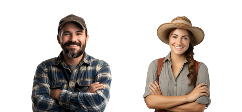Set of farm people: Close-up portrait of a man and woman with crossed arms, Isolated on Transparent Background, PNG