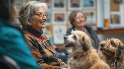 An educational workshop for pet owners on responsible pet care, with a veterinarian demonstrating proper nutrition and exercise.