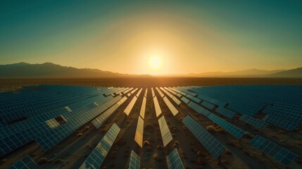 desert area full of solar panels to the end of the horizon, sunset 