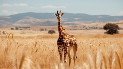 Majestic giraffe standing tall in the african savannah, wild nature photography print for sale - obrazy, fototapety, plakaty
