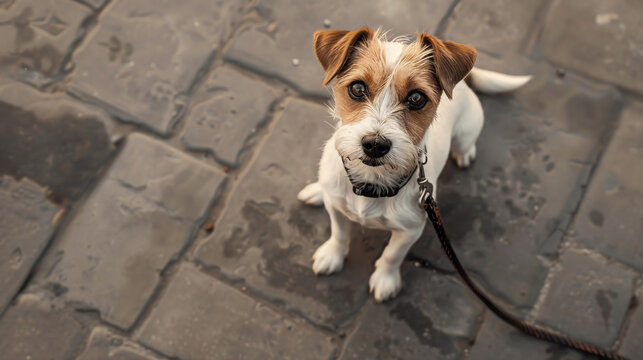 Cute Jack Russell dog on the walk waiting to play, looking to owner with pleading eyes on a flooring background, top view. Pet activity concept, trayning animals, fun and lifestyle. Copy space banner.