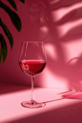 Glass of red wine on a table in front of a wall with a plant in the background, elegant and tranquil setting