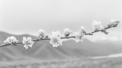  a black and white photo of a branch with white flowers in the foreground, with mountains in the background.