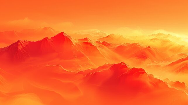  a computer generated image of a mountain range in a yellow and orange sky with a bird flying over the top of the mountain.