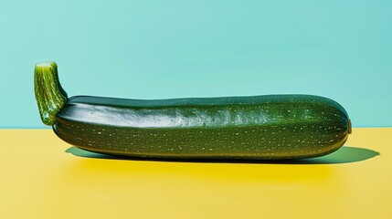  a large green cucumber sitting on top of a yellow table next to a blue and green wall in a room.