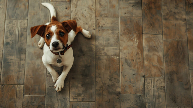 Cute Jack Russell dog on the walk waiting to play, looking to owner with pleading eyes on a flooring background, top view. Pet activity concept, trayning animals, fun and lifestyle. Copy space banner.