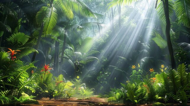 a painting of sunbeams shining through the trees in a lush green forest filled with tropical plants and flowers.