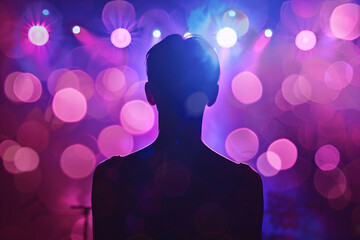Singer Silhouetted Against Vibrant Bokeh Background. Colorful lights create a captivating atmosphere