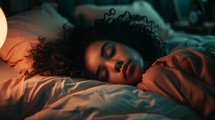 young woman sleeping comfortably on the bed   - obrazy, fototapety, plakaty