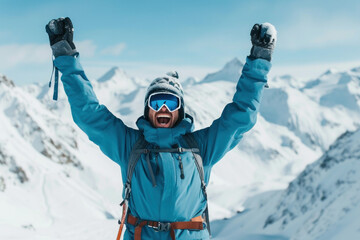 Achieving Success A Man Celebrating on Top of a Mountain with Hands Raised in Victory After Reaching the Summit