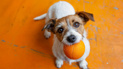 Cute Jack Russell dog holding toy ball in mouth waiting to waik and play, looking to owner on a flooring background, top view. Pet activity concept, trayning, fun and lifestyle. Copy space banner.