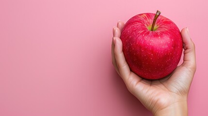 a person's hand holding a red apple in front of a pink background with the top half of the apple in the shape of a heart.