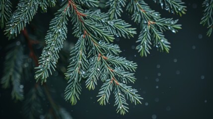  a close up of a pine tree branch with drops of water on it and a dark background with small drops of water on the branches.