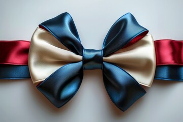 red and white and blue bow tie ribbon , white background, gift box