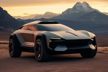 Fototapeta na wymiar Sci-Fi Concept SUV with Mountains in the Background - GENERATIVE AI