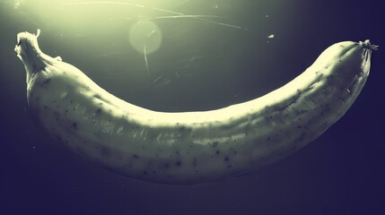  a banana sitting on top of a table under a bright sunburst in a black and white photo with a blurry background.
