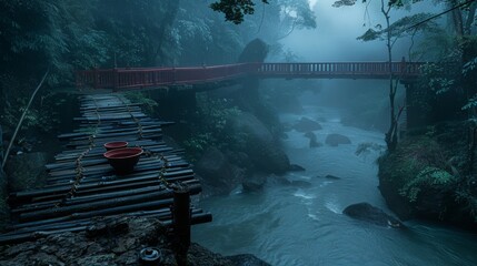  a bridge over a river in the middle of a forest with a red bowl on the end of the bridge.