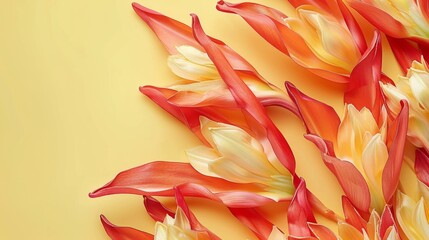  a bunch of red and yellow tulips on a yellow background with a place for a text or image.