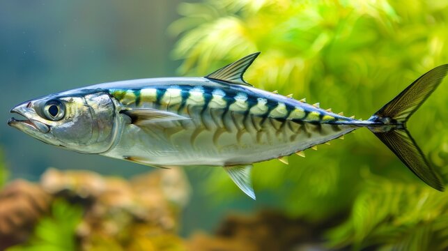  a close up of a fish in a fish tank with plants in the back ground and water in the foreground.
