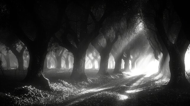  a black and white photo of a path through a forest filled with trees in the middle of a foggy night.