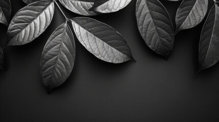  a black and white photo of a group of leaves on a black background with a place for a text on the left side of the image.