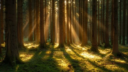  the sun shines through the trees in a forest filled with green grass and tall, thin, skinny trees.